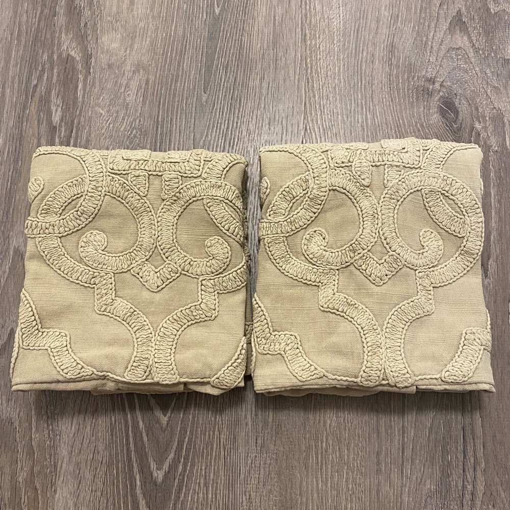 2 Pottery Barn Drew Cotton Beige Embroidered Distressed Pillow Shams- 18” Square